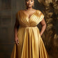 Plus-Size Formal Evening Gold Satin Dress, Elegant Tiered Bodice