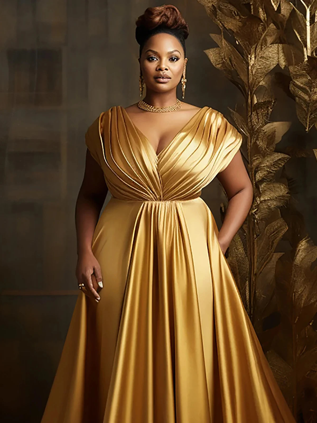 Plus-Size Formal Evening Gold Satin Dress, Elegant Tiered Bodice