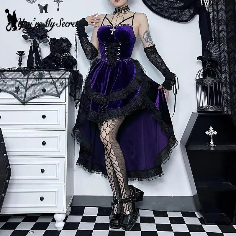 You're My Secret Gothic Punk Mini Dress, Lace Smocked Bodycon Dress –