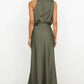 Vireous Summer Silk Satin Sleeveless Long Dress, Draped Bodice