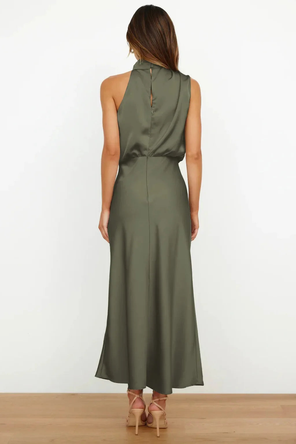 Vireous Summer Silk Satin Sleeveless Long Dress, Draped Bodice