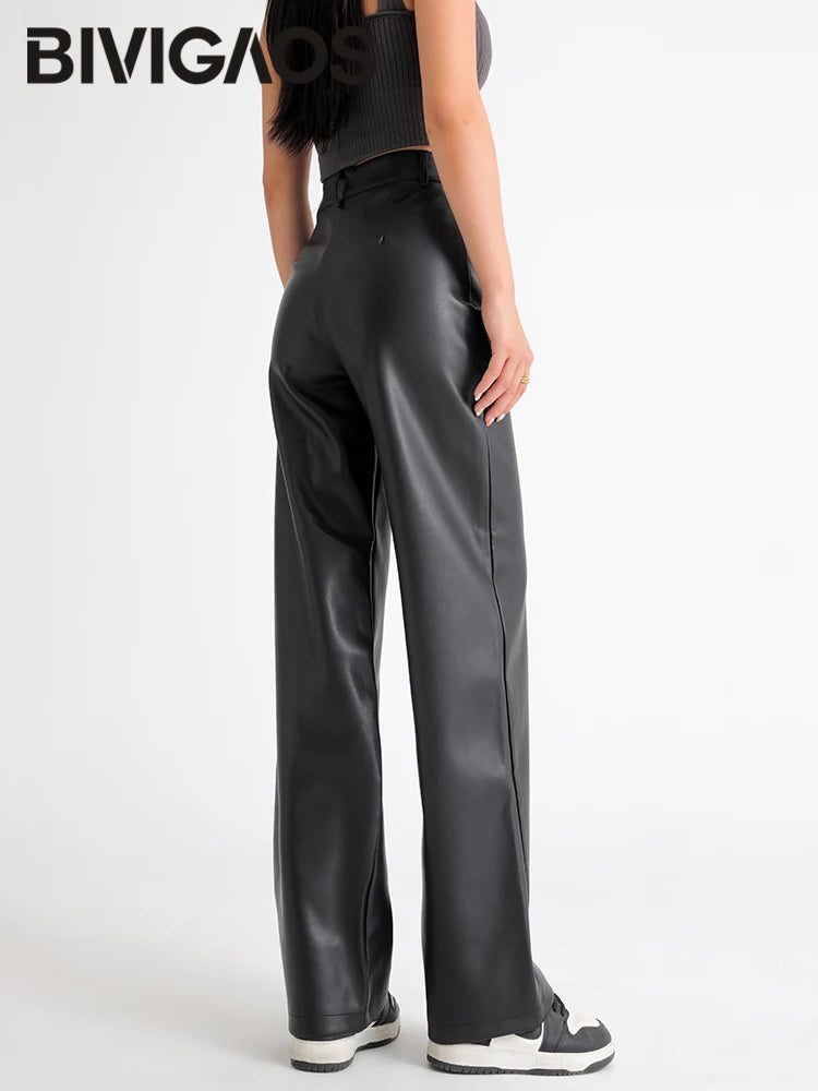 Women's Faux Leather Loose Wide-Leg Warm Lined Trousers