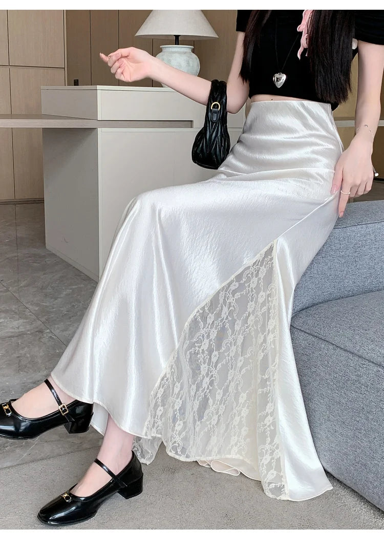 Vireous Satin Women's Long Skirt, Side Lace Patchwork