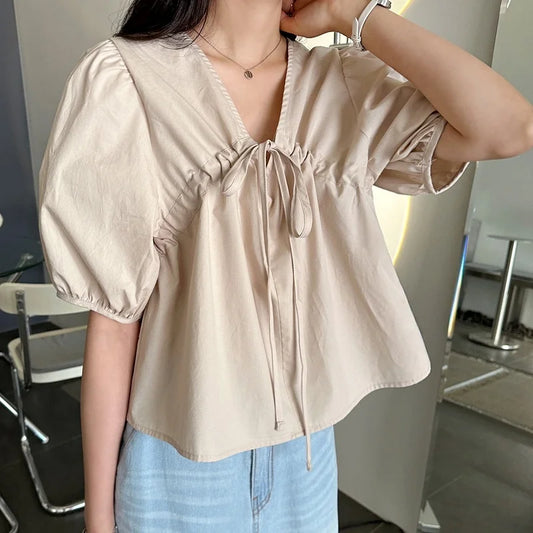 Puff Sleeve Women's Businesswear Casual Lace-Up Shirt