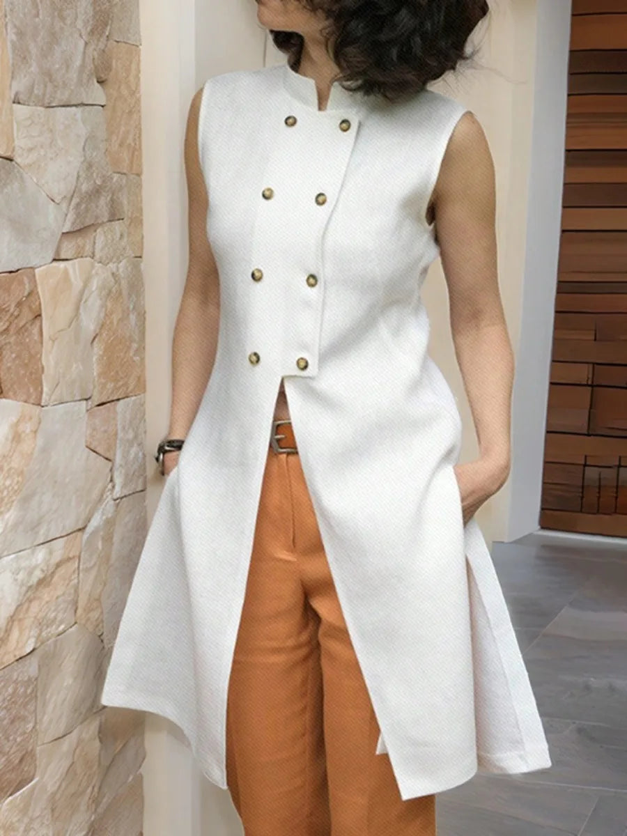 Women's Stand Collar Extra-Long White Tunic Top