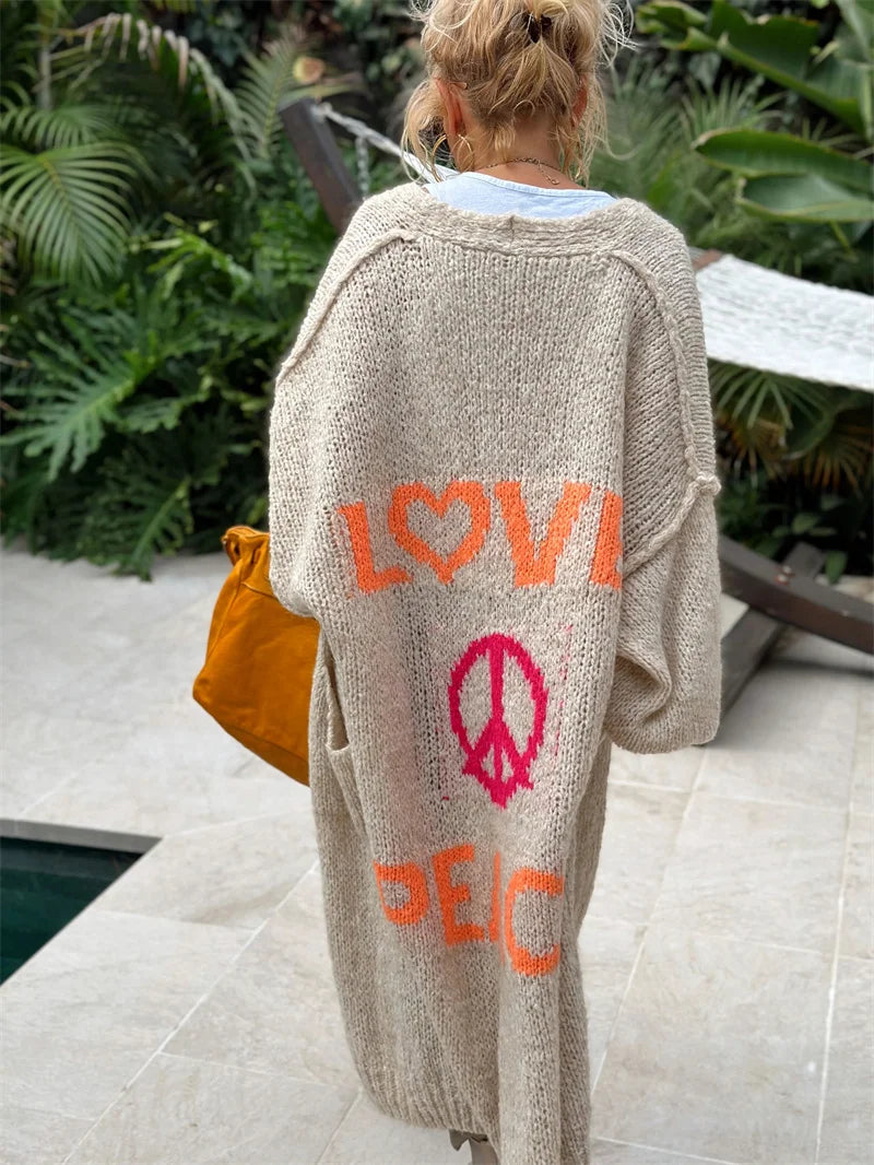 'Love and Peace' Design Women's Long Knitted Cardigan, Sweater Coat