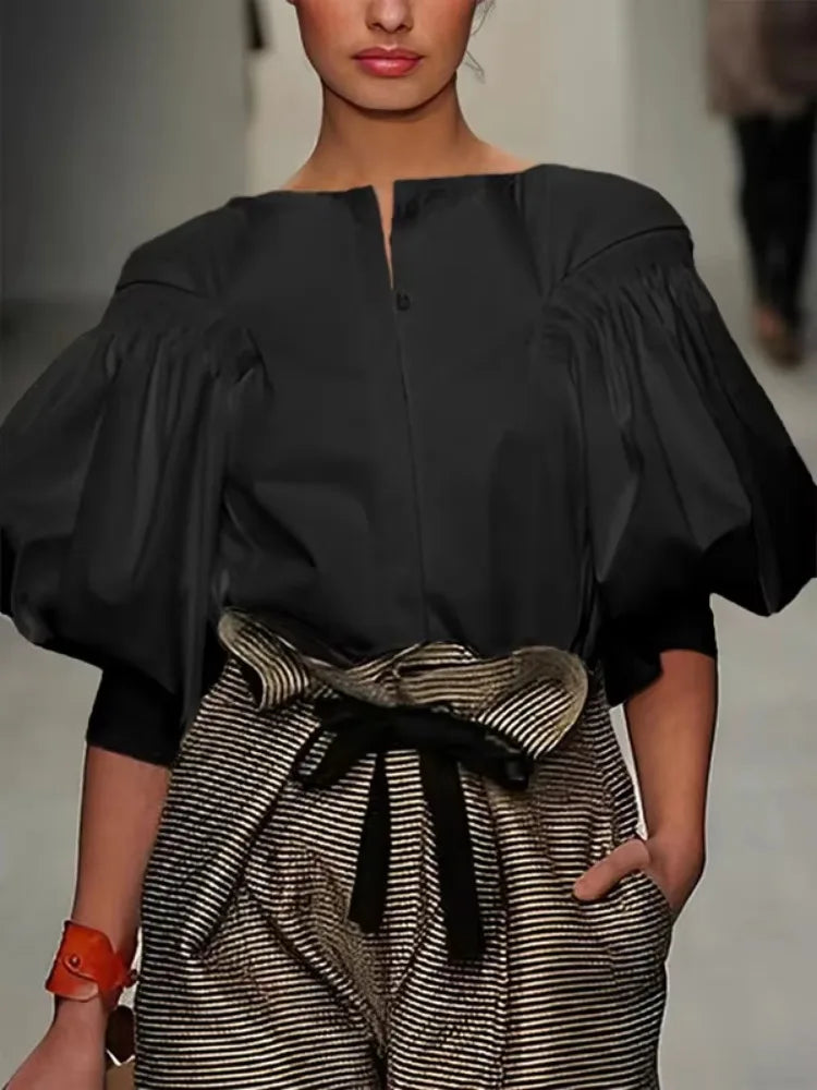Avant Garde Women's Buttoned Dress Shirt, Round Neck Puff Sleeves
