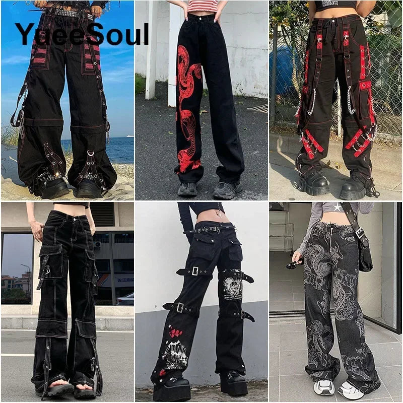 Goth Women's Flared Pants with Black Lace, Embroidery, Multi Designs