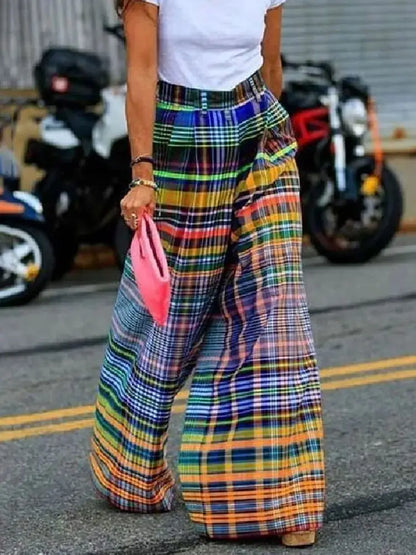 Vireous Loose Wide-Leg Checkerboard Printed Casual Bottoms, Pants