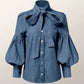 Vireous Women's Princess Sleeves High-Neck Bow Tie Denim-Look Blouse
