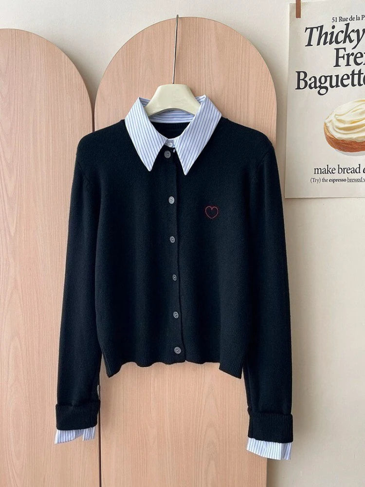 Vireous French-Style Polo Collar Fake-Two Piece Cardigan