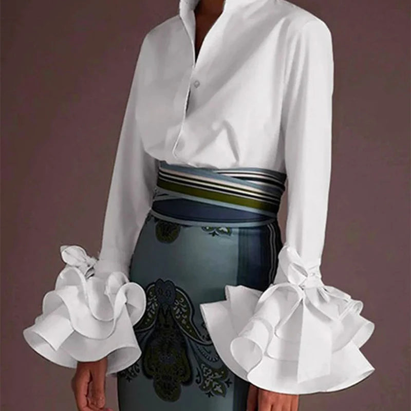 Vireous Women's Elegant Flared-Sleeves Falbala Blouse