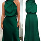 Vireous Summer Silk Satin Sleeveless Long Dress, Draped Bodice