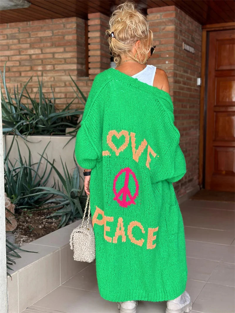 'Love and Peace' Design Women's Long Knitted Cardigan, Sweater Coat