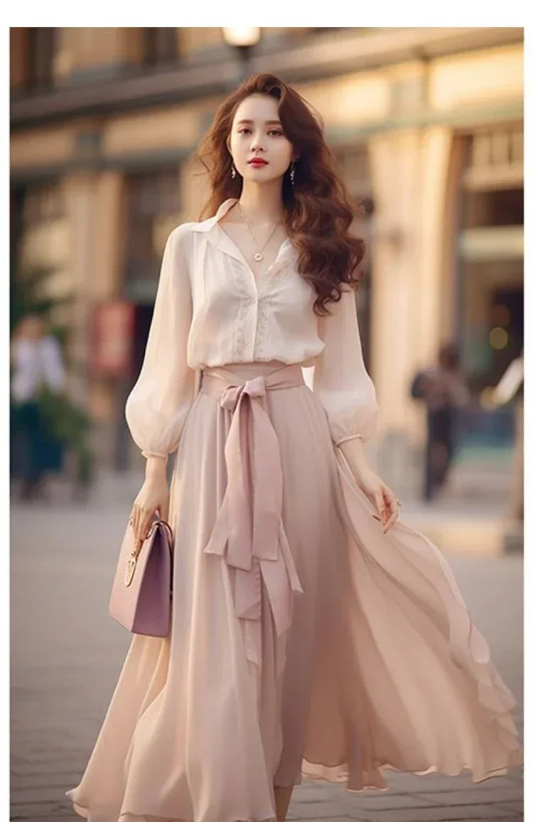 Elegant Retro French Women's Lace-Up Chiffon Two-Piece Outfit