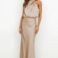 Vireous Summer Silk Satin Sleeveless Long Dress, Draped Bodice