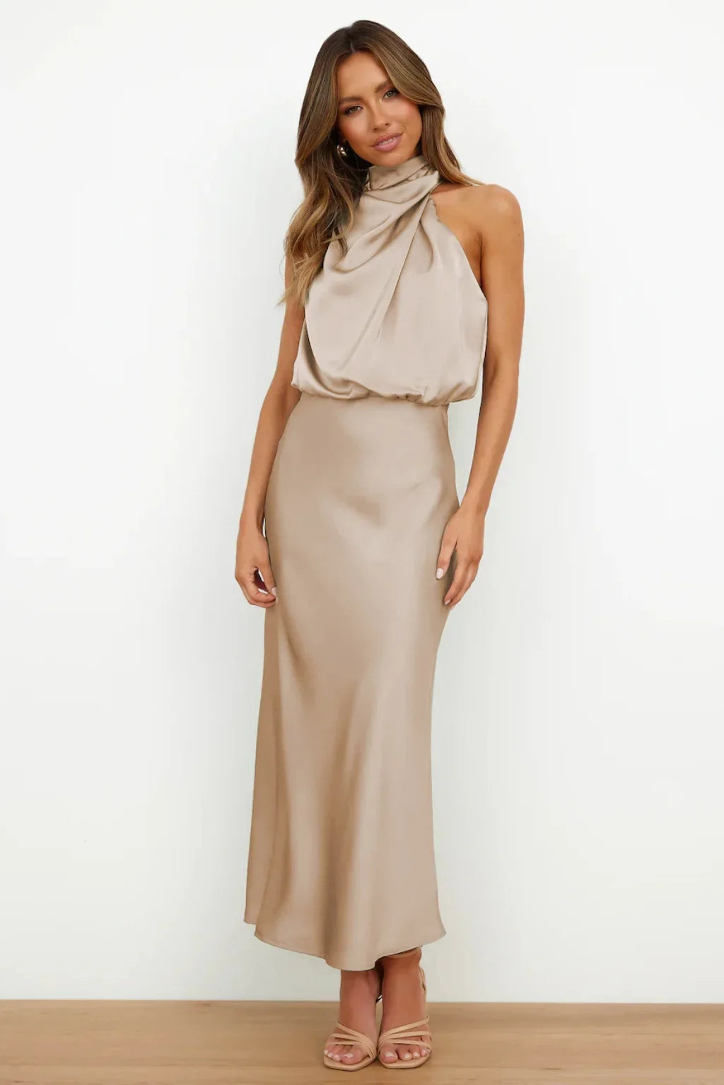 Vireous Summer Silk Satin Sleeveless Long Dress, Draped Bodice