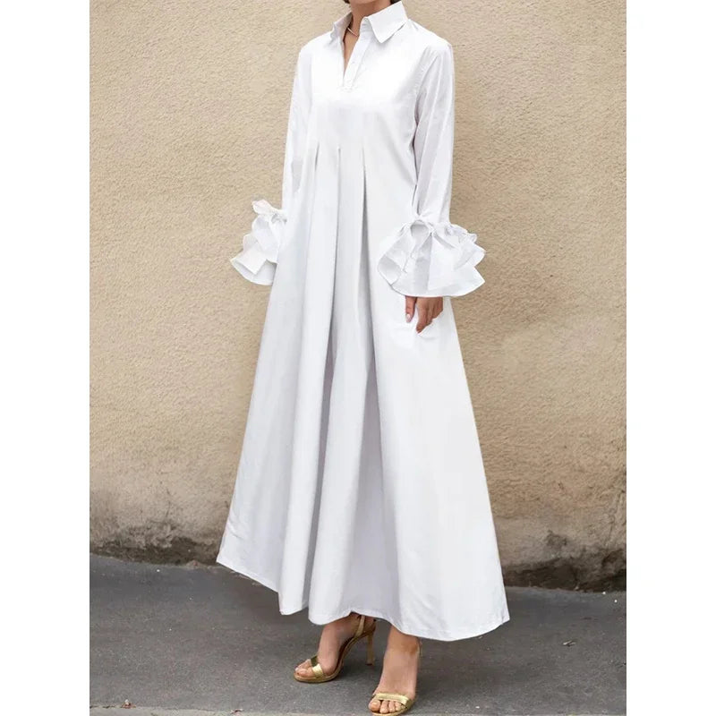Vireous Flared-Sleeves Elegant Pleated Shirt Dress, Businesswear