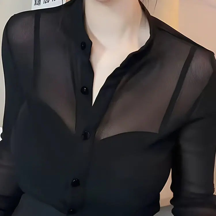 Vireous Black Mesh Slim-Fit Long Sleeve Women's Shirt