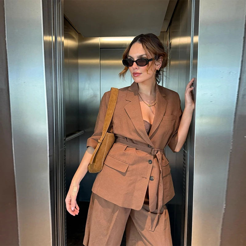 Cotton Linen Women's Belted Businesswear, Coffee Jacket and Shorts Two-Piece