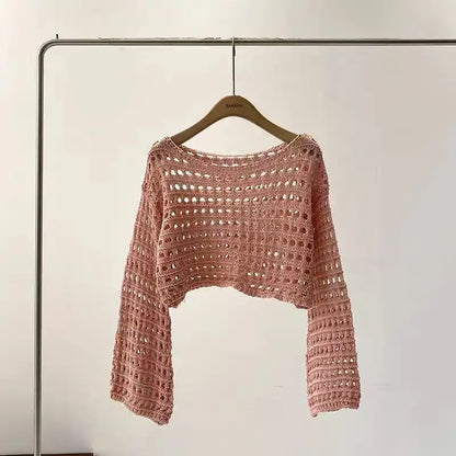 Crochet Casual Women's Cover Up, Long Sleeve Knitted Crop Top