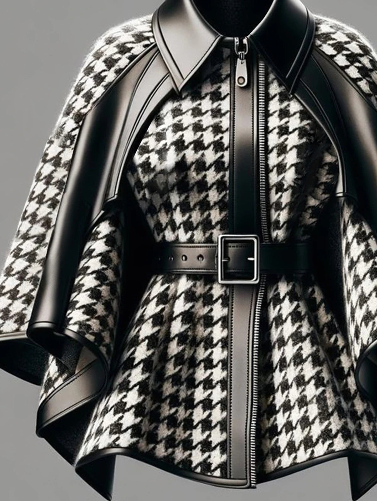 Faux Leather Collar Houndstooth Pattern Women's Jacket, Cape Sleeves