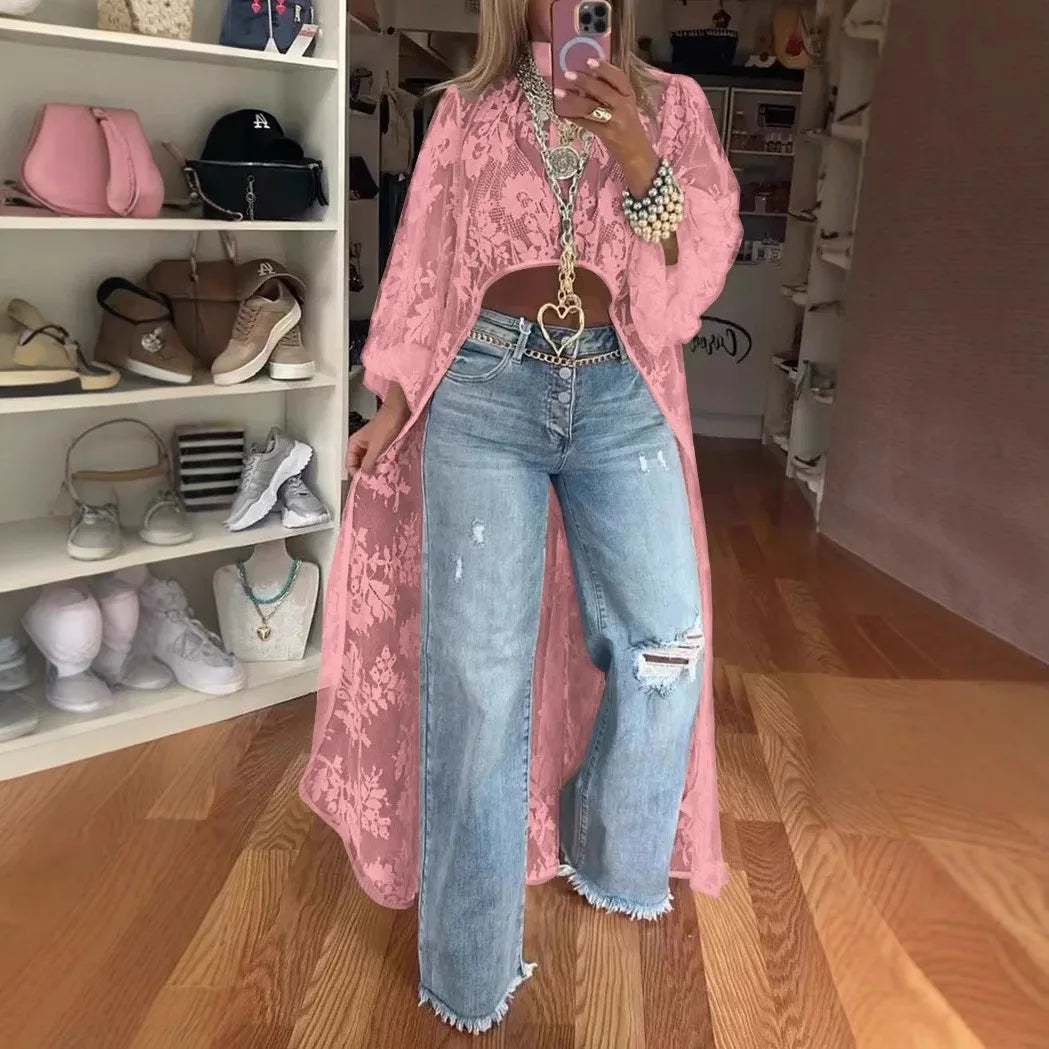 Vireous Lace Floral Extra-Long Shirt Top, High Neck Overwear