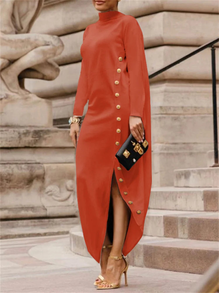 Vireous Women's Buttoned Split-Side High Neck Evening Black Dress