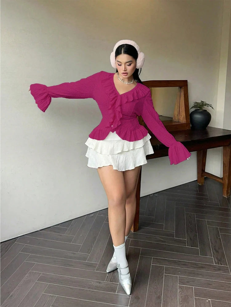 Vireous Elegant French Ruffle Flared-Sleeve Blouse, Plus Sizes