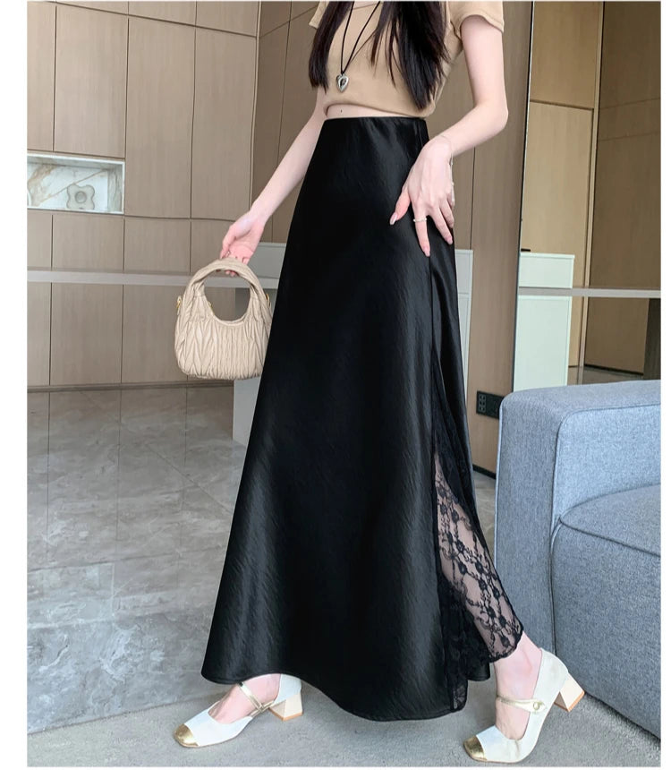 Vireous Satin Women's Long Skirt, Side Lace Patchwork