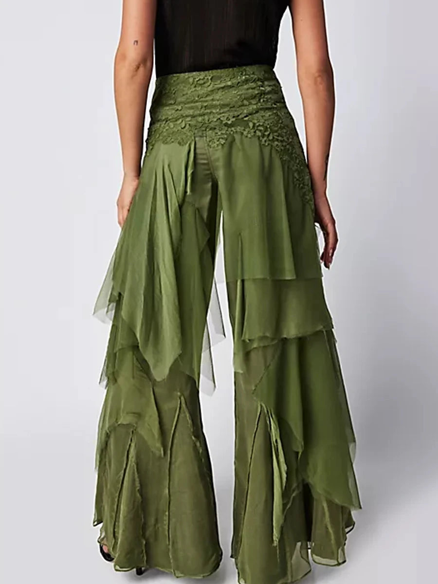 Women's Nature-Aesthetic Green Ruffle Irregular Layered Wide-Leg Trousers