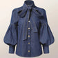Vireous Women's Princess Sleeves High-Neck Bow Tie Denim-Look Blouse