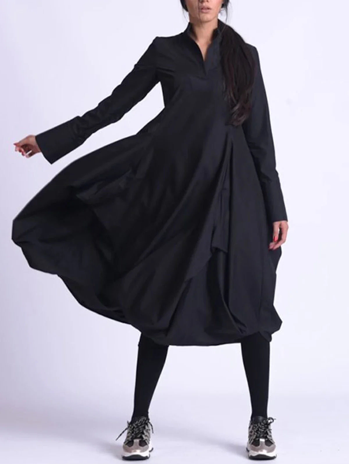 Minimalist Black Stand Collar A-Line Midi Dress