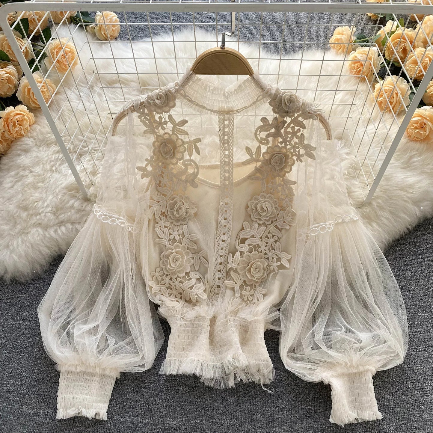 Lace See-Through Puff-Sleeve Vintage Fashion Blouse