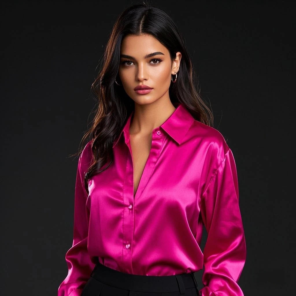 Vireous Women's Classic Silky Satin Shirt, Multicolours