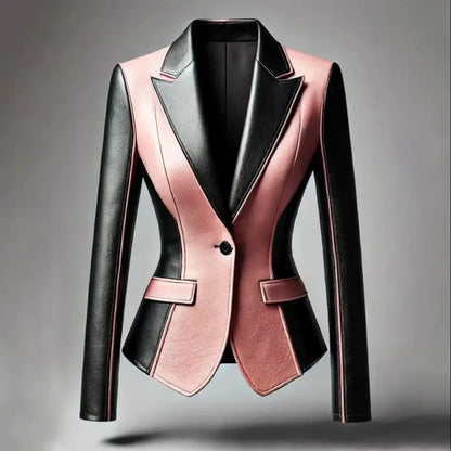 Women's Faux Leather Blazer Pink and Black Colourblock Notched Lapel Jacket, Plus Sizes