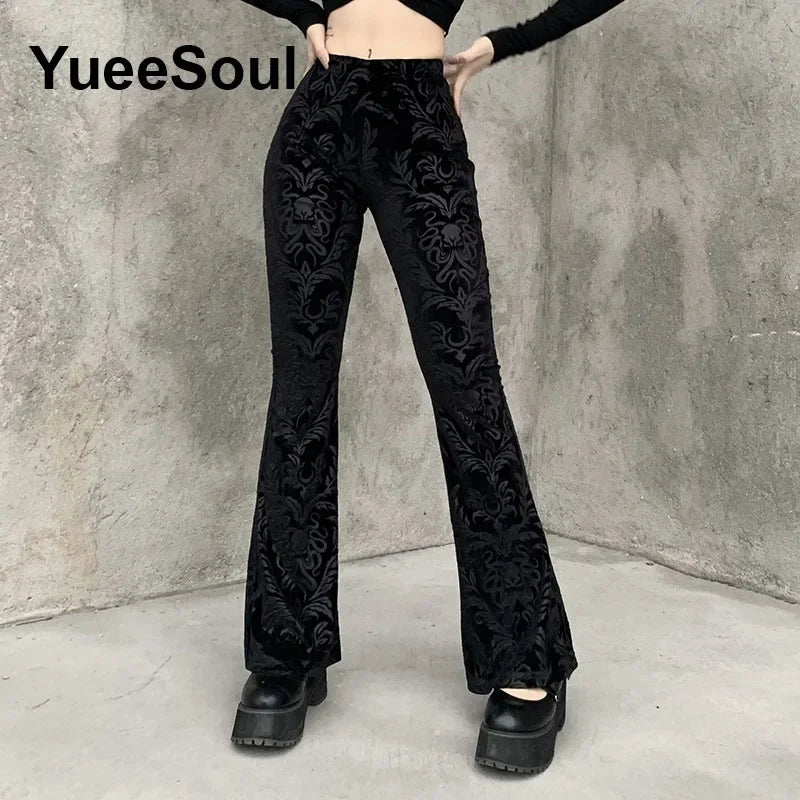 Goth Women's Flared Pants with Black Lace, Embroidery, Multi Designs