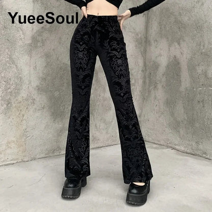 Goth Women's Flared Pants with Black Lace, Embroidery, Multi Designs