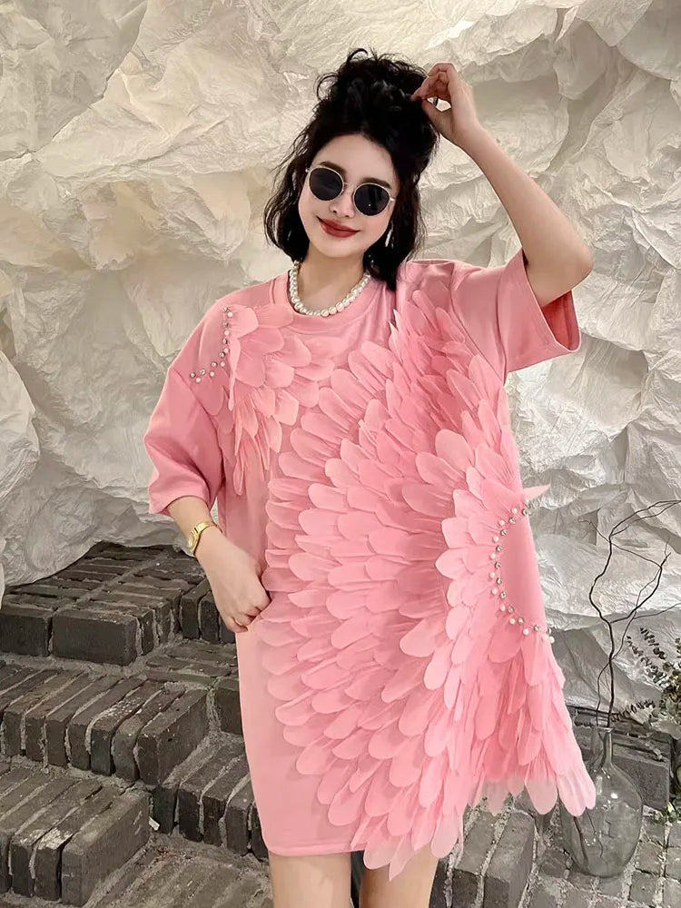 Loose Summer Glam Feather Short-Sleeve Women's Short Dress