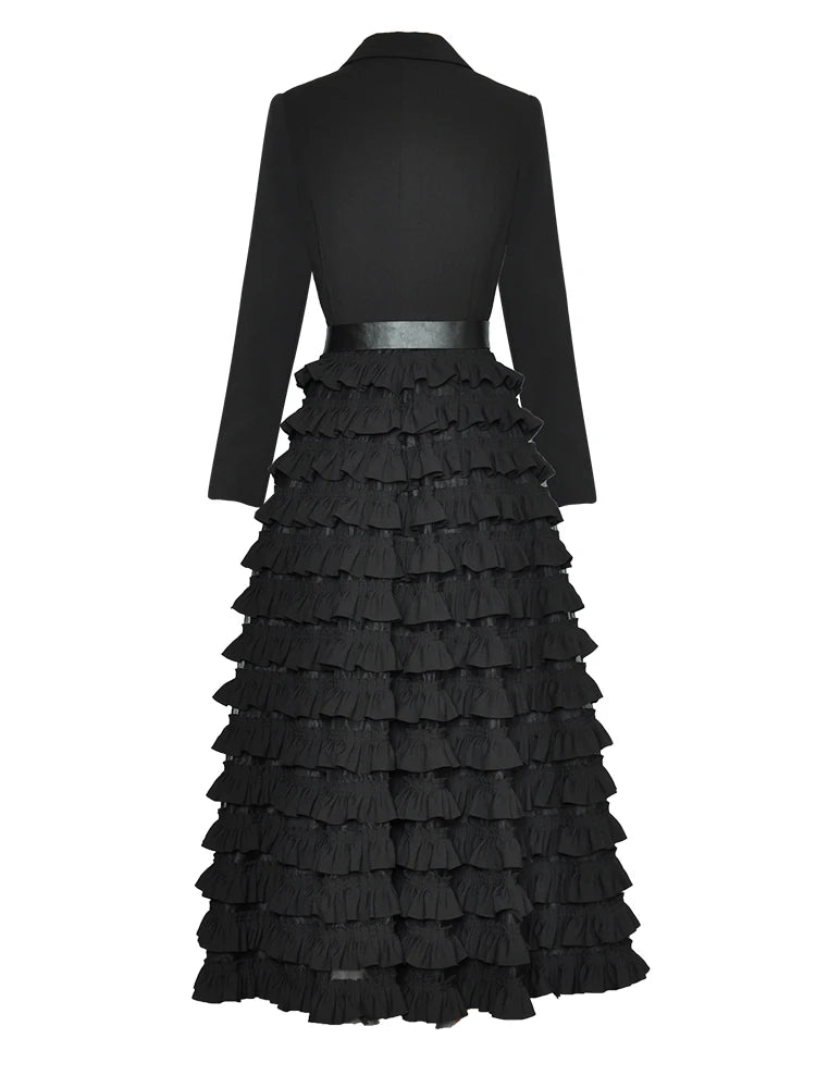 Vireous Black Suit-Collar Tiered Maxi Dress, Winter Catwalk Collection