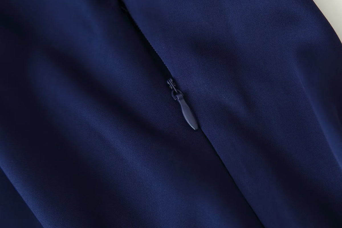 Elegant Round-Neck Silky Satin Long Dress in Navy