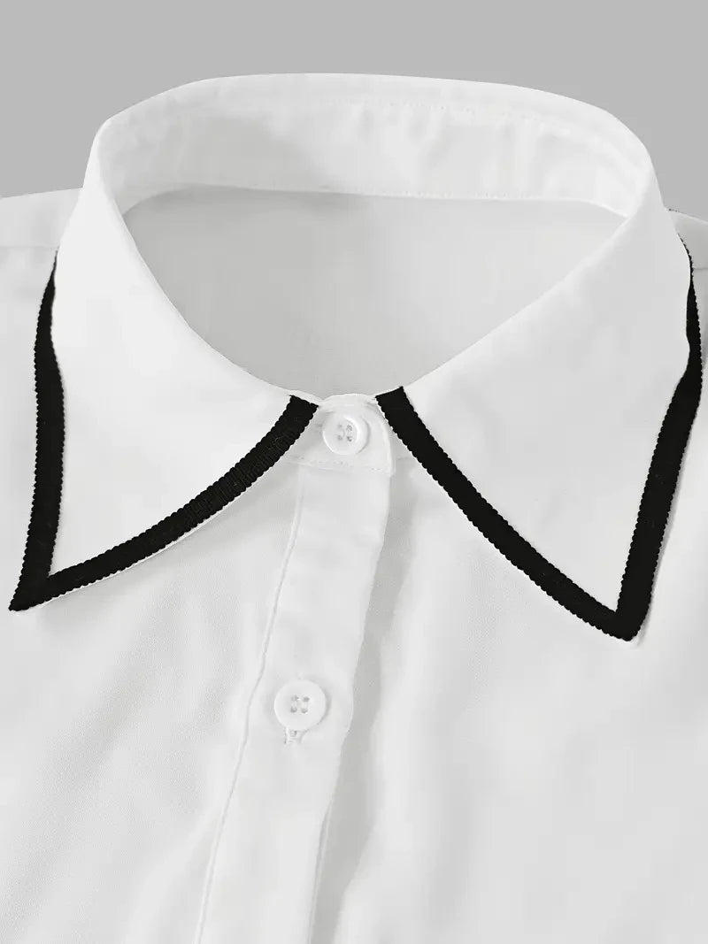 Vireous Women's Fashion Tie and Lapel Contrast-Colour Business Shirt