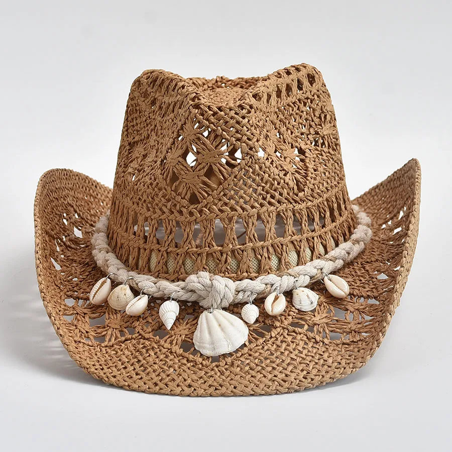 Women's Summer Hand Woven Straw Hat with Natural Shell Decoration