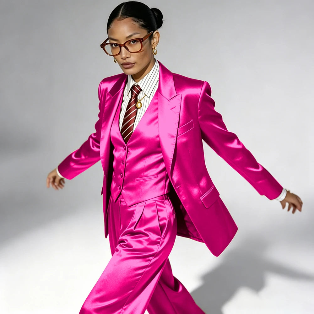 Professional Performance Wear Women's Tuxedo, Gold Satin Three-Piece Suit, Night Wear