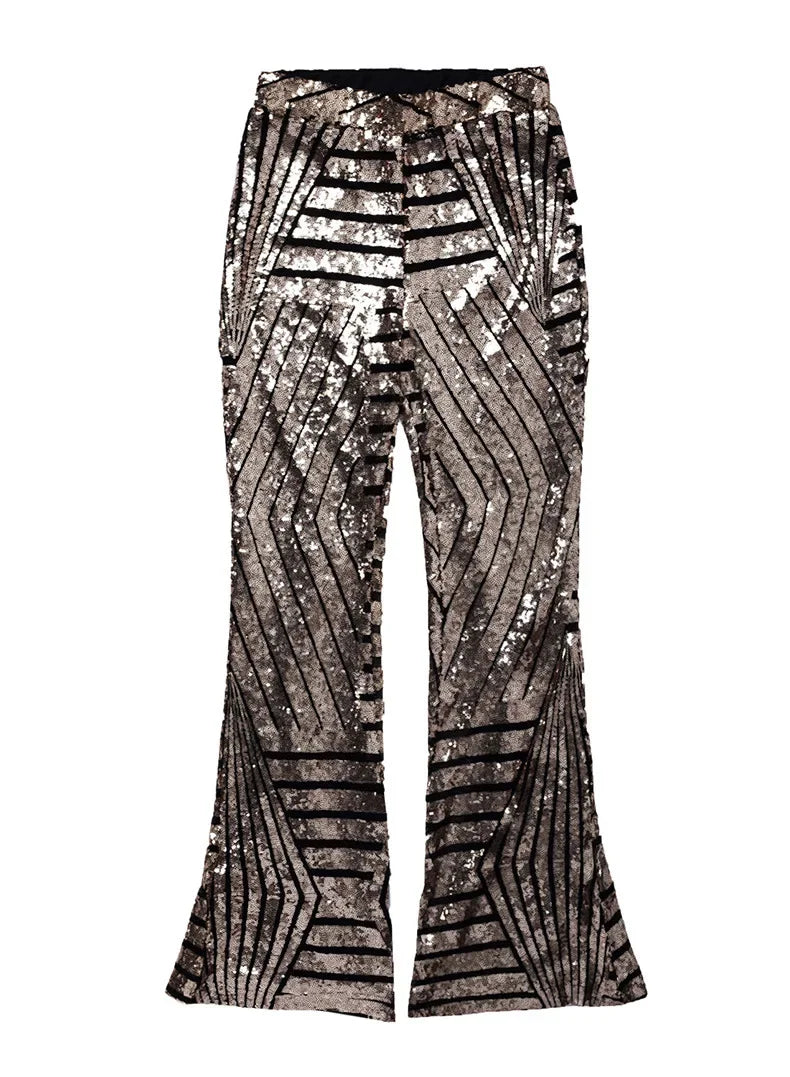 Vireous Women's Sparkling Sequin Slacks, Loose Mid-Waist Trousers