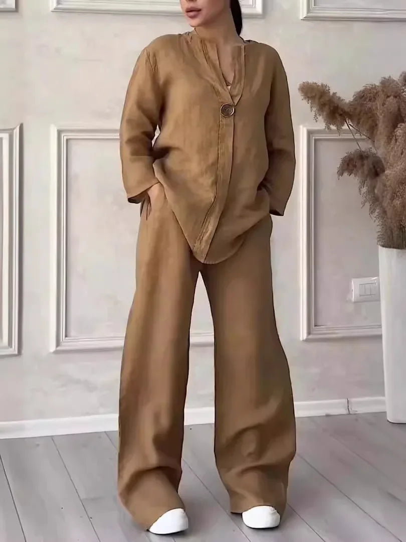 Women's Cotton and Linen Round-Neck Summer Short-Sleeves Pants Suit