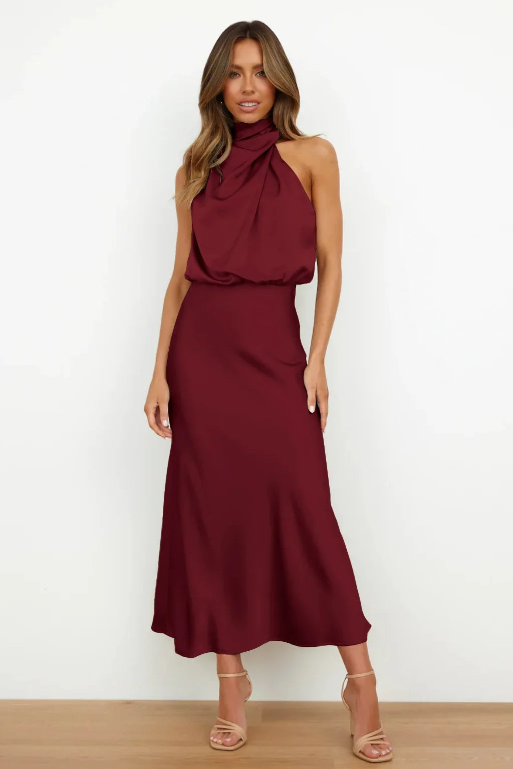 Vireous Summer Silk Satin Sleeveless Long Dress, Draped Bodice