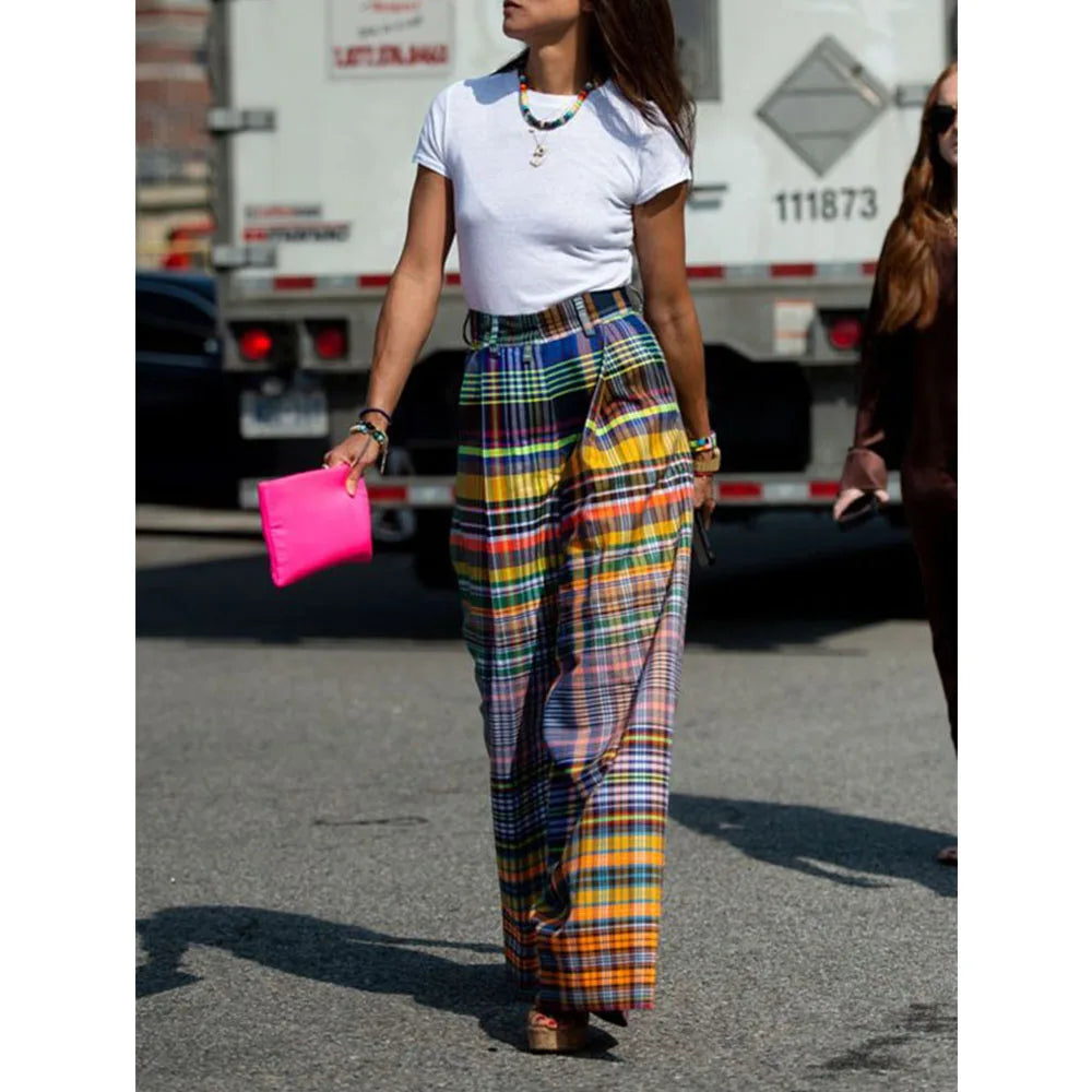 Vireous Loose Wide-Leg Checkerboard Printed Casual Bottoms, Pants