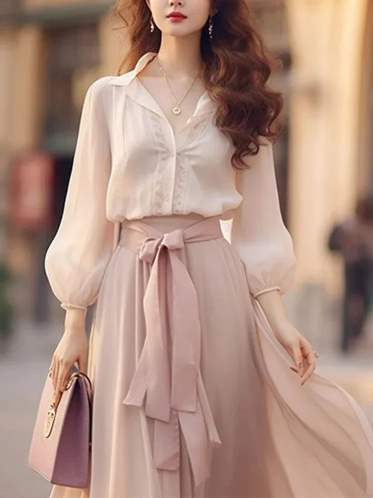 Elegant Retro French Women's Lace-Up Chiffon Two-Piece Outfit