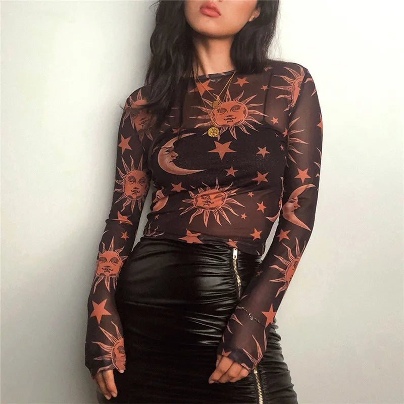 Sun and Moon Sheer Mesh Round-Neck Base Layer Shirt